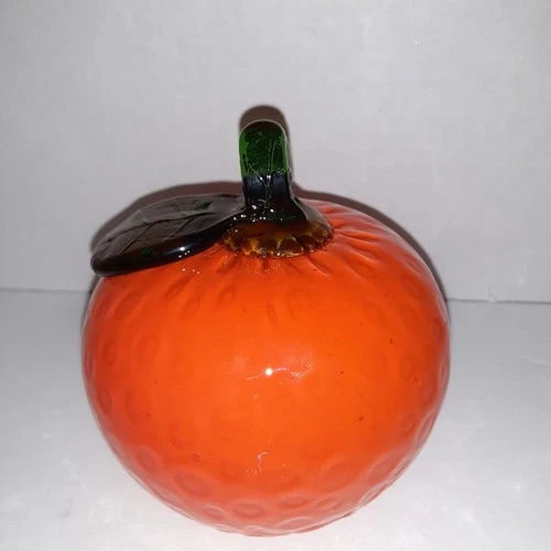 Vintage Murano Style Hand Blown Art Glass Orange With Leaf 4"