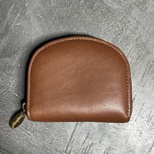 Longaberger Change Coin Purse Leather Zip Around Brown Crescent Moon 3x4 in