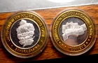 .999 FINE SILVER CASINO TOKENS LOT OF 2  1.2 TROY OZ TOTAL SAHARA AND STOCKMANS