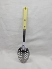 Vintage Slotted Spoon USA Stainless ECKO FORGE Yellow Plastic Handle 