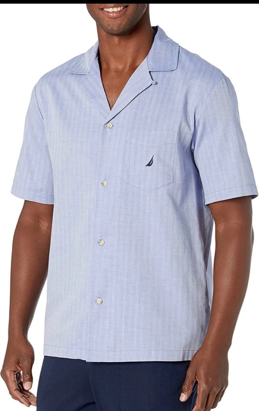 Nautica Button Down Linen Shirt Mens Size Large Blue Short Sleeve Pocket