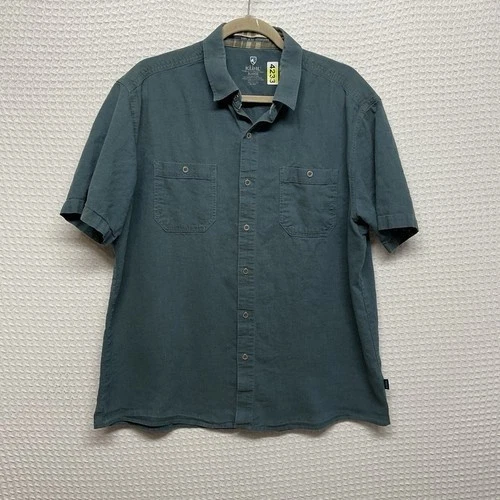 Kuhl Teal/Blue Short Sleeve Button Up Skorpio Shirt Men XL China Linen/Cotton