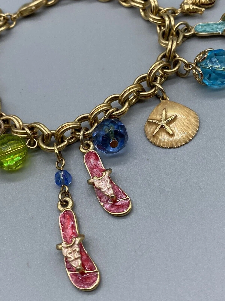 Kirks Folly Gold Tone Enamel Charms Bracelet Ocean Sea Shell Summer Vacation - Image 3 of 4