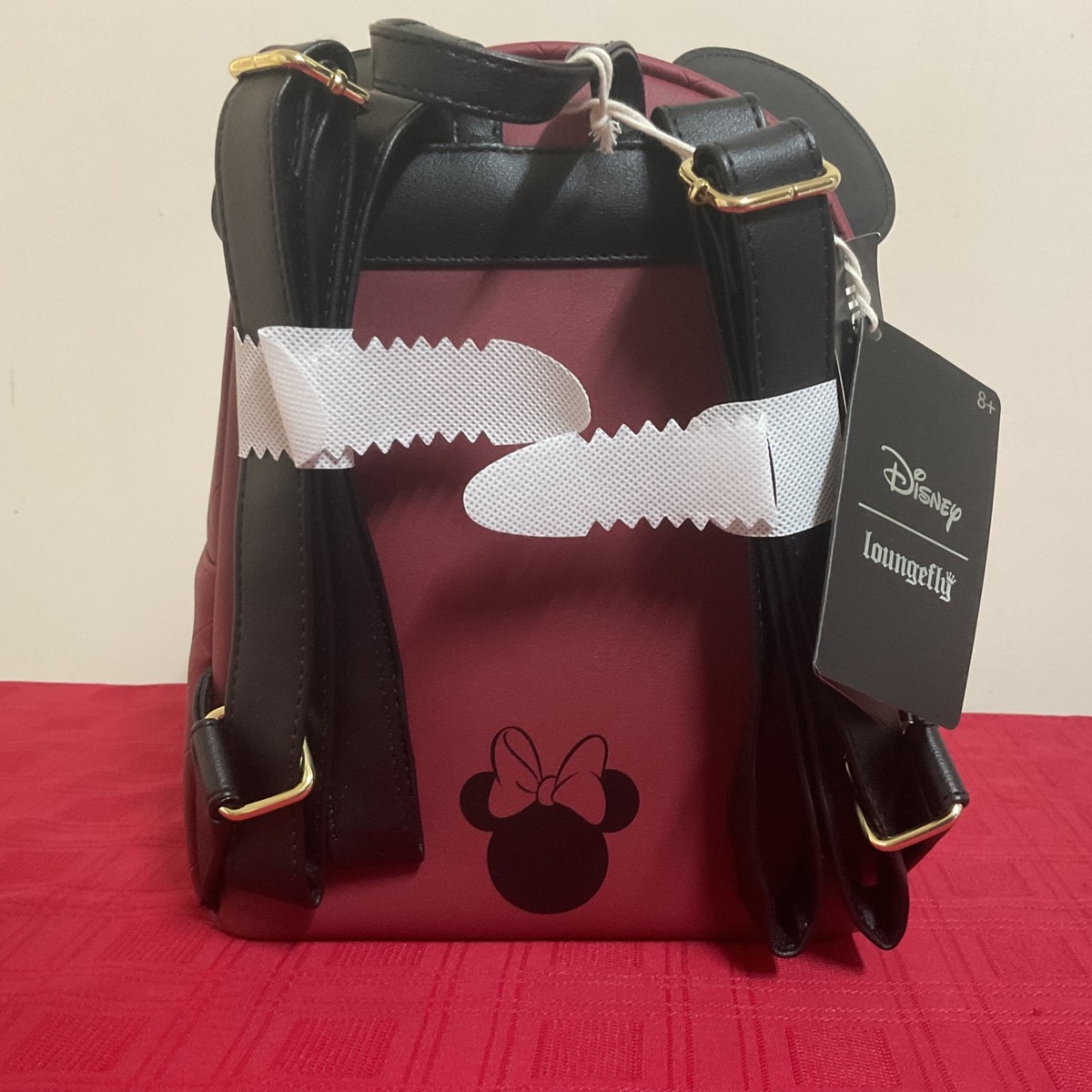 LOUNGEFLY DISNEY MINNIE MOUSE BURGUNDY VELVET BOW MINI 