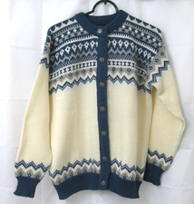 Vintage Dale of Norway Cardigan Sweater 44 Ivory Blue Fair Isle Wool