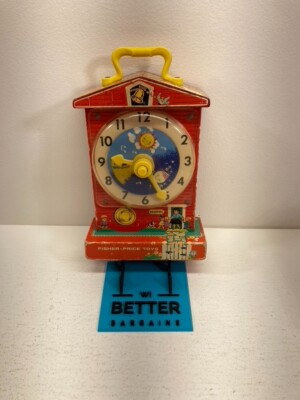 1962-1968 Fisher Price MUSIC BOX TEACHING CLOCK #998 Wind-up Schoolhouse - Works