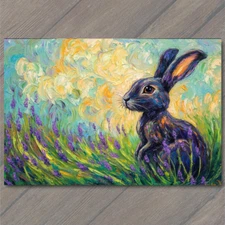 Art Print Rabbit Lavender Field Swirls Sky Sunset Flowers Meadow Colorful Bunny
