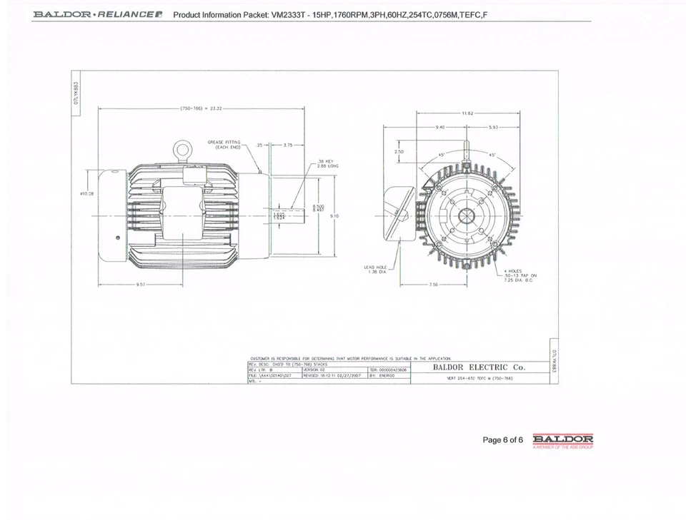 baldor motor 15 hp, VM2333T, 230/460v, 1760 rpm, 254TC Frame , 1- 5/8” OD Shaft - Image 2 of 4