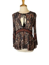Women's American Eagle Rust  Blue Print Top Bell Sleeves Peasant Boho Tunic M