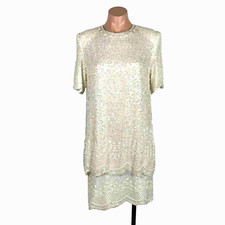 1920s Style Vintage Wedding Sequin Flapper Dress Beaded Gatsby Iridescent M/L
