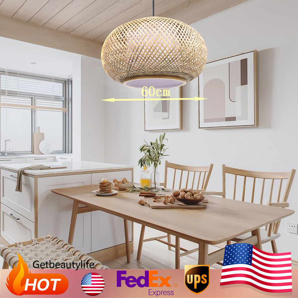 Vintage Handwoven Bamboo Rattan Cage Chandelier Pendant Lamp 40W