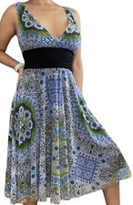 London Times A-Line Dress SZ 10/Large Blue Black Knee Length Lined Stretch V-Nec