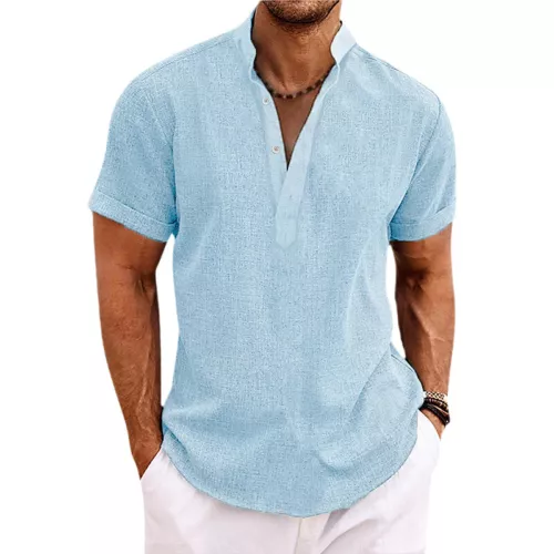 Mens Linen Shirts Summer Short Sleeve Tops V Neck Loose Casual Button Blouse ## - Picture 14 of 55