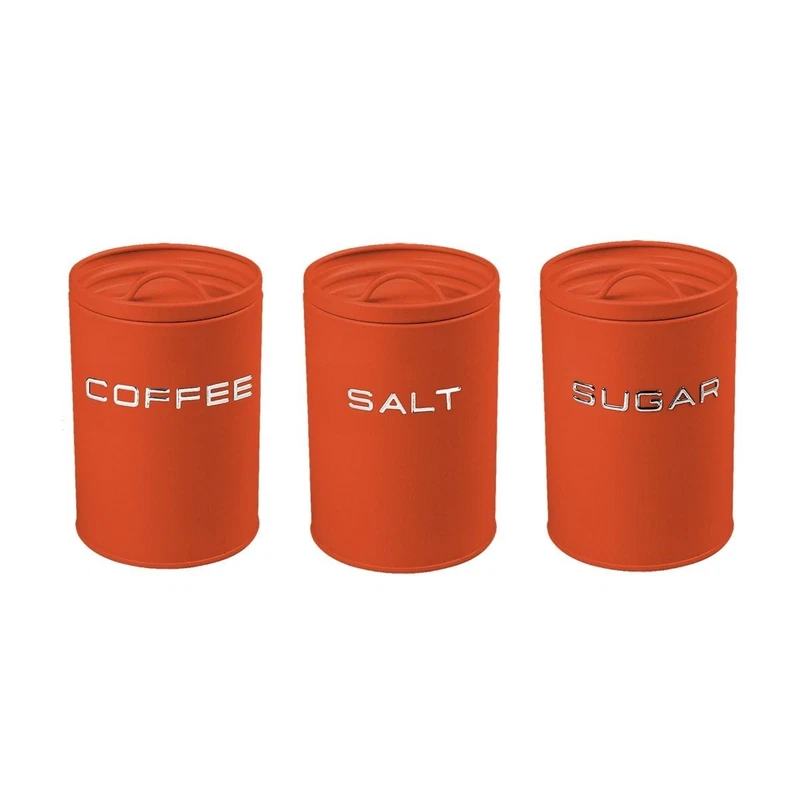 Barattoli da Cucina Arancione Set 3 Pezzi in Metallo Vintage Sale Zucchero Caffé, fotografia 6 di 11