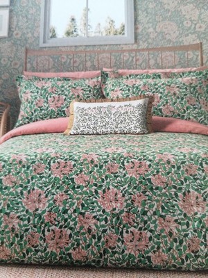 Morris & Co Honeysuckle King Size Bettwäscheset Grün Koralle Rosa 100% Baumwolle NEU