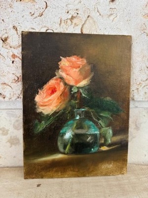 ROSES WITH GLASS CONTAINER OIL Painting Art Floral Still Life 6x8