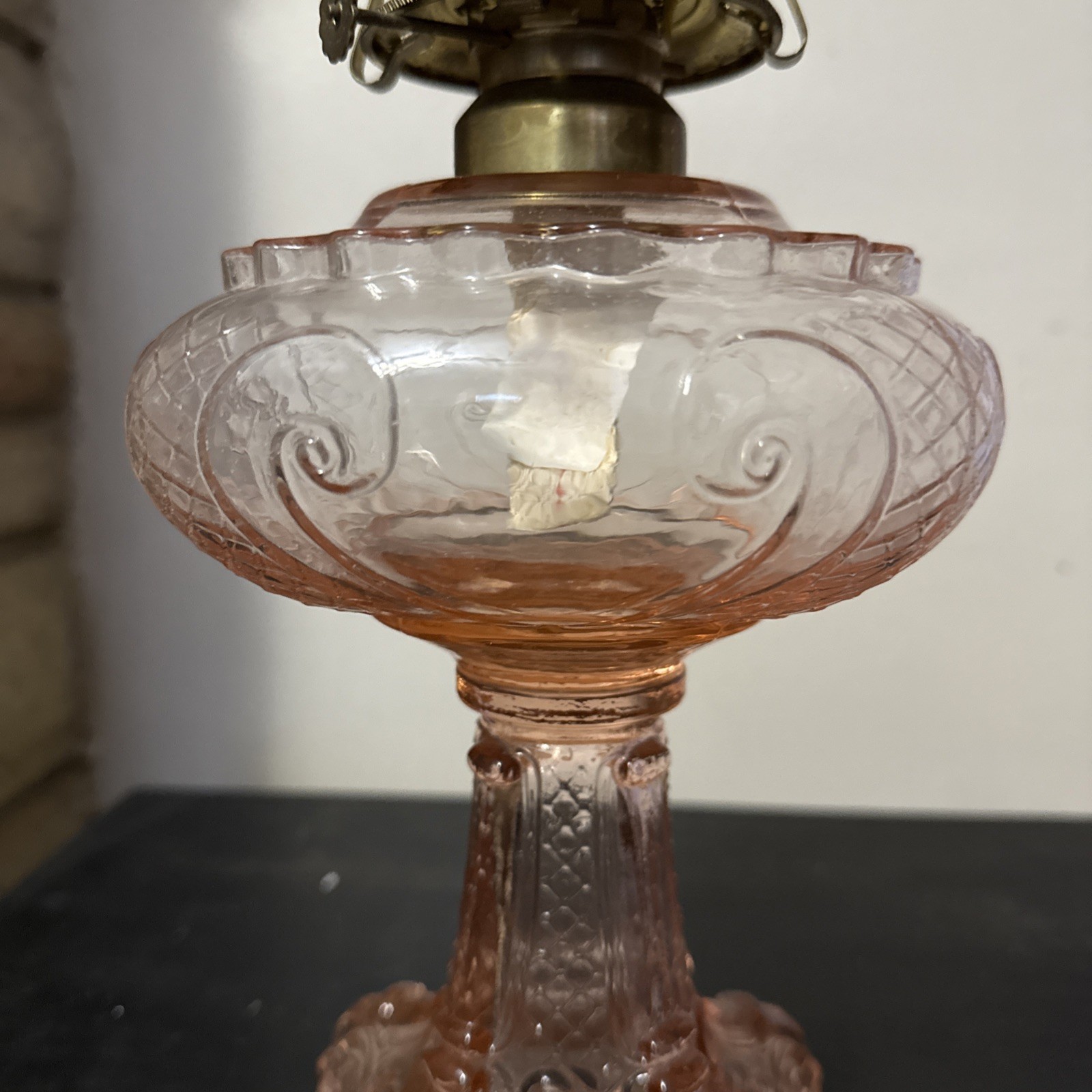 B&P Lamp Princess Feather Pattern, Kerosene Lamp With Pink  Glass Font