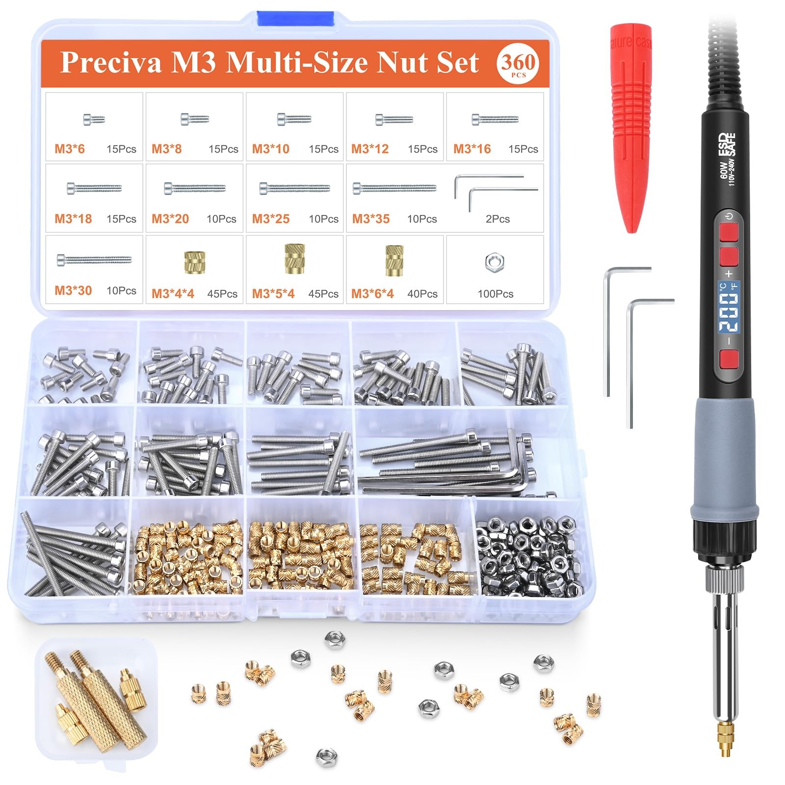 Preciva M3 Heat Set Threaded Insert Kit 360PC Brass Nuts 60W Soldering Iron