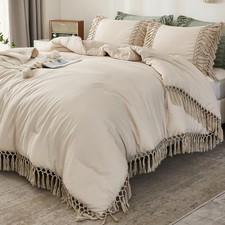 Andency Comforter Queen Size Set Beige, 3 Pieces Tassel Boho Lightweight Winter