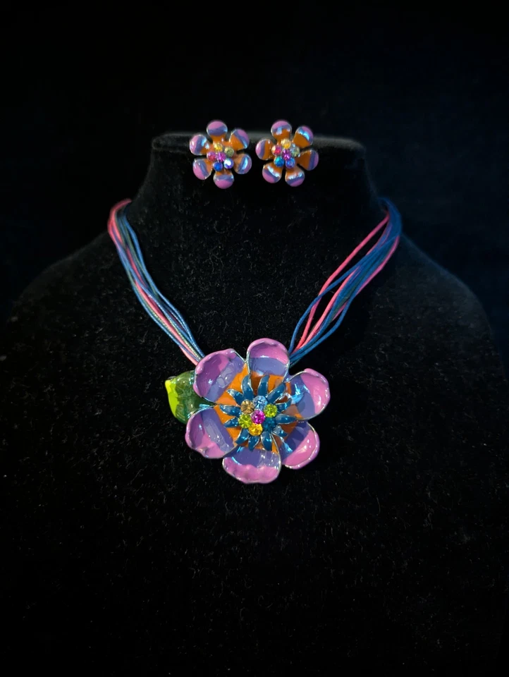 Purple & Pink Enamel Large Flower Multi-String Necklace & Earrings w/ Crystals - Image 2 of 4