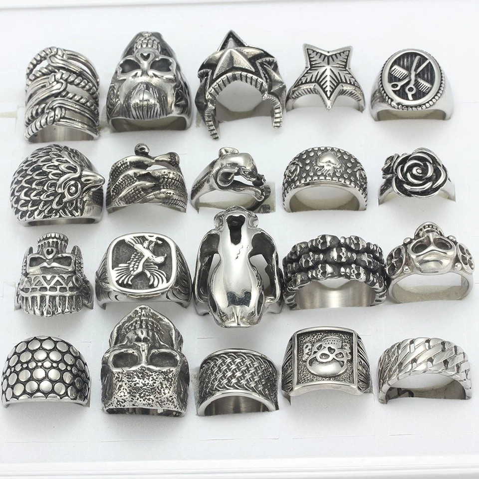 20pcs/Lot Stainless Steel Gothic Skull Men Punk Biker Male Rings Wholesale Mixed - Image 4 of 4