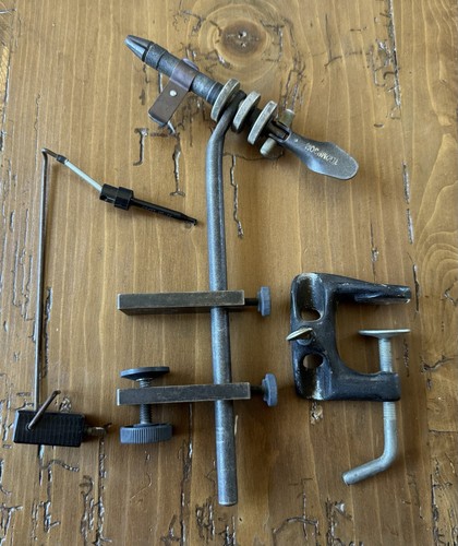 Early Vintage Thompson 360 Rotary Fly Tying Vise 2 Clamp Bases And Material Clip