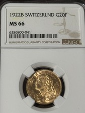 Switzerland 1922 Gold 20 Francs *NGC MS-66* Bright Lustrous Investment Grade