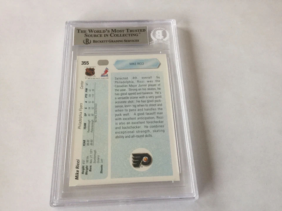 Tarjeta autografiada por Mike Ricci Upper Deck UD RC losa Beckett certificado de autenticidad BAS a Foto 2 de 2