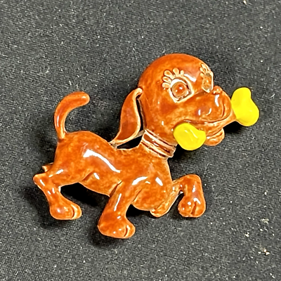 Puppy Brooch Brown Dog Yellow Bone Enamel Vtg | eBay display picture 1