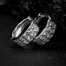 Men's Iced Two Row Cz White Gold Plated Sterling Silver Huggie Hoop Earrings