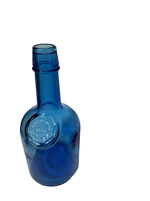 Vintage Embossed Rogers Bros 1850 SALEM NJ Blue Glass Decanter Bottle 10  tall