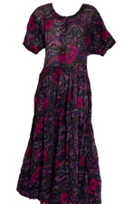 S. Roberts  Cotton Green Red Floral Short Sleeve Midi Button front Dress Size:S