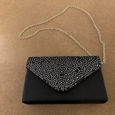 Fateanuki Women's Black Satin Rhinestone Envelope Evening Bag New