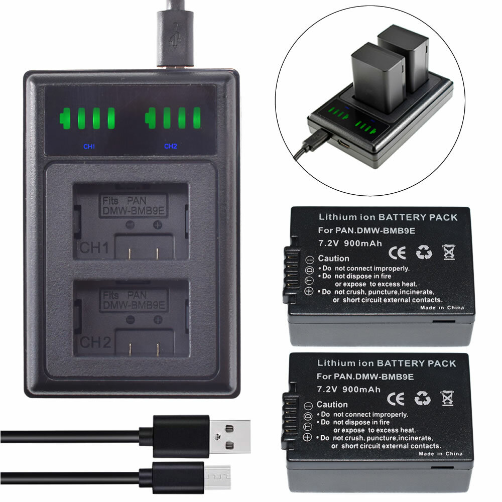 2XBattery for Panasonic DMW-BMB9E BMB9 Lumix DMC-FZ72 FZ48 FZ62 FZ82+LED Charger