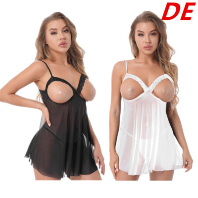 DE Damen Sheer Negligee Cut-Outs BH Babydoll mit Mini String Tanga Reizwäsche