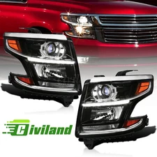 Black Headlights For 2015-2020 Chevy Tahoe Suburban Chrome Lamps LH+RH