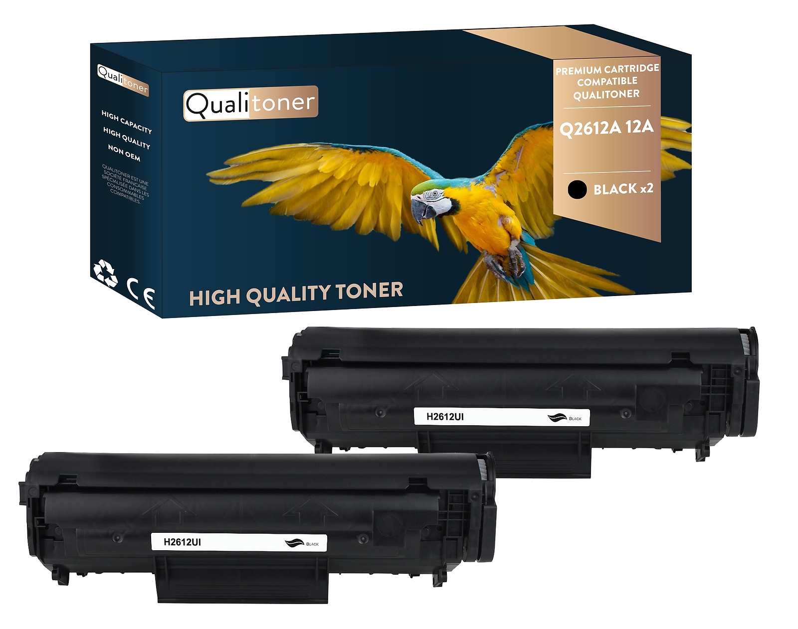 Toner HP Q2612A 12A noir compatible QUALITONER pack de 2 pour télétravail et devoirs