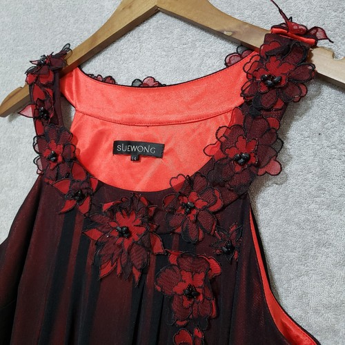 Sue Wong Dress 14 Short Beaded Floral Mesh Halter Black Red Lined Designer Retro - Picture 4 of 17