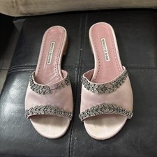 Manolo Blahnik Embellished Satin Flat Sandals 38.5. Pink Color. Missing Stones