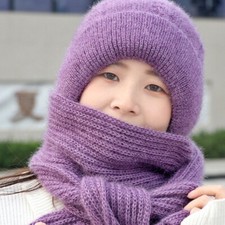 Women Soft Fleece Lined Hat Scarf Casual One-piece Outdoor Knit Cap Winter Warm