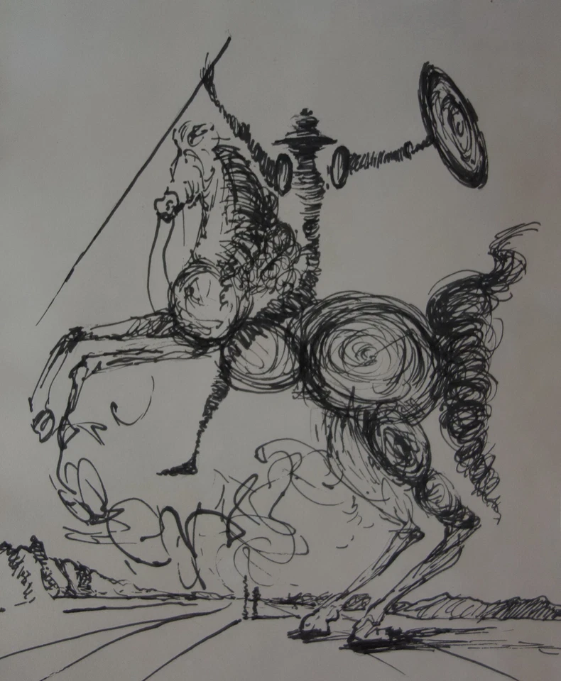 Raro dibujo surrealista único, jinete de caballo, firmado Salvador Dalí Foto 2 de 4