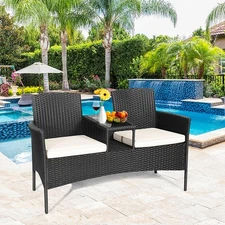 Cushioned Rattan Wicker Patio Conversation Set w/ Table Steel Frame