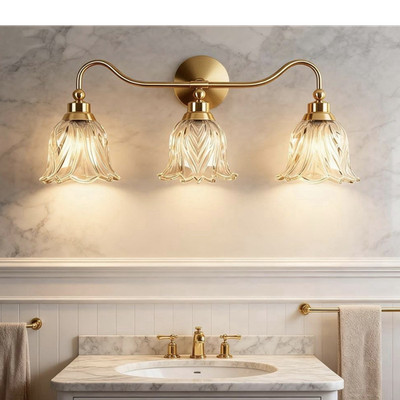 3-Light Gold Vanity Wall Light, Clear Glass Shades, E12, 25in, 110-120V