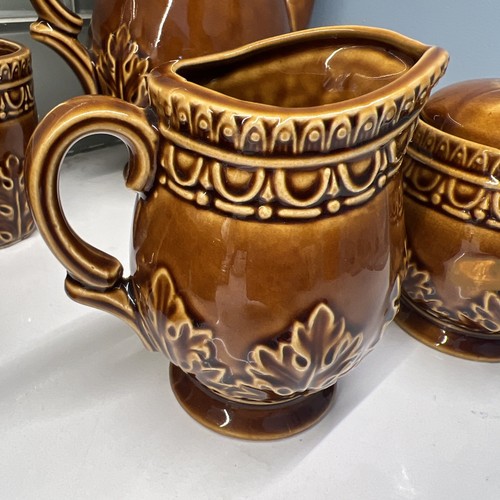 Vintage Norleans Japan Tea Set Brown Glazed Embossed Leaf Pattern - Picture 4 of 21