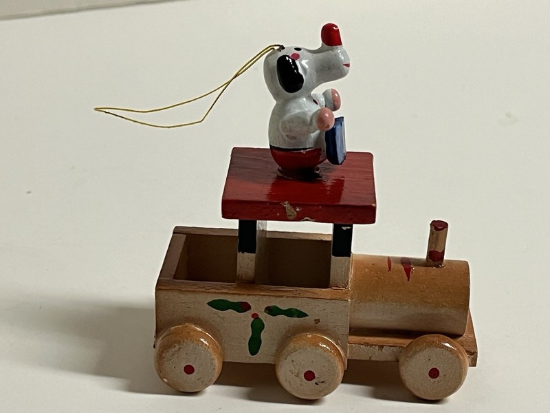 Wooden Christmas Ornament Depicting A Dog Riding A Toy Train. Handmade, 3” Tall.