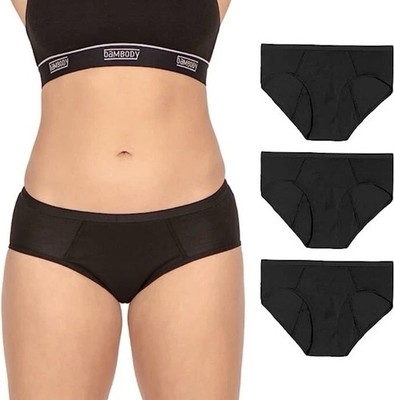 3 Pack BAMBODY ABSORBENT BRIEF PROTECTIVE PERIOD UNDERWEAR BAMBOO Black Sz 8