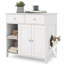 Cat Litter Box Enclosure w/ 2 Drawers Double Doors Open Shelves Modern Indoor
