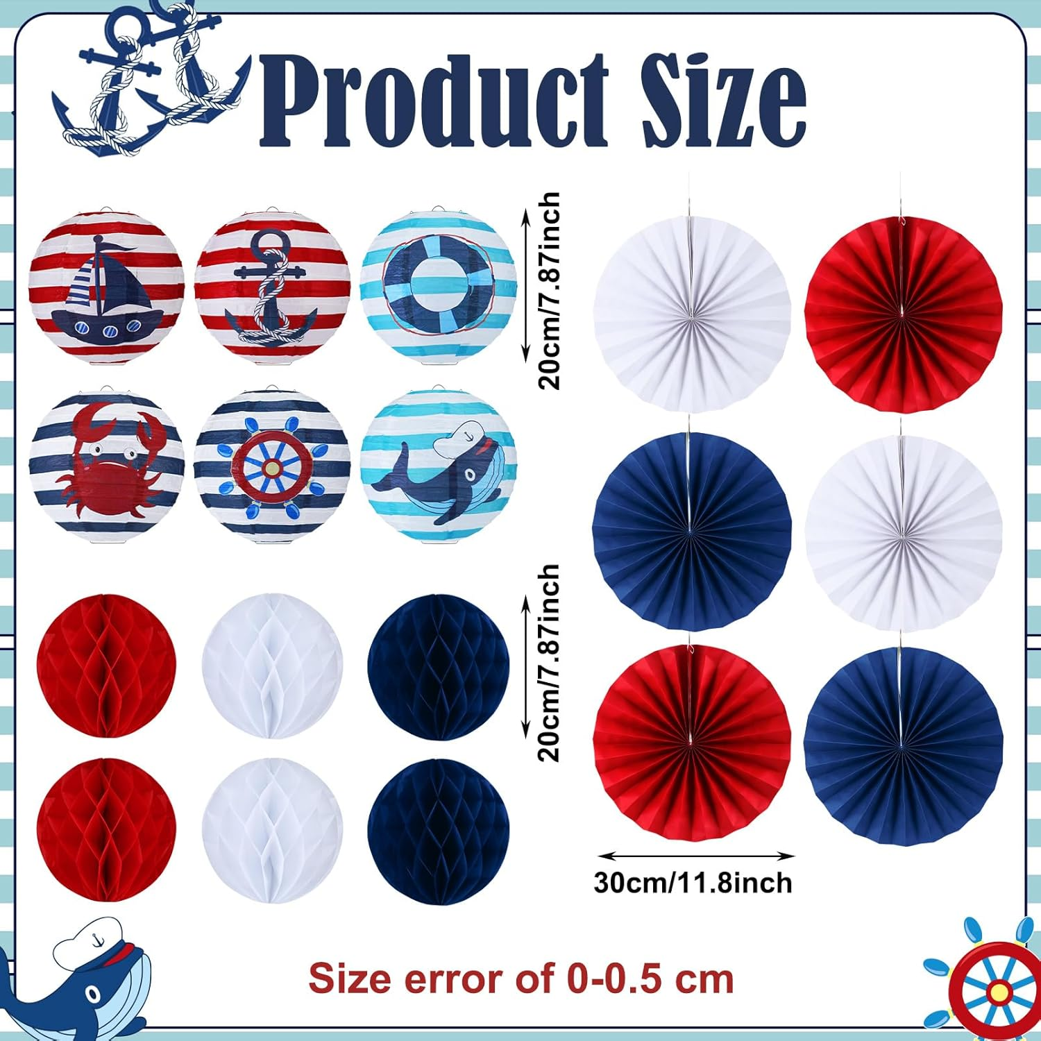 18 Pcs Nautical Theme Birthday Party Decorations Paper Lanterns Fans Honeycomb