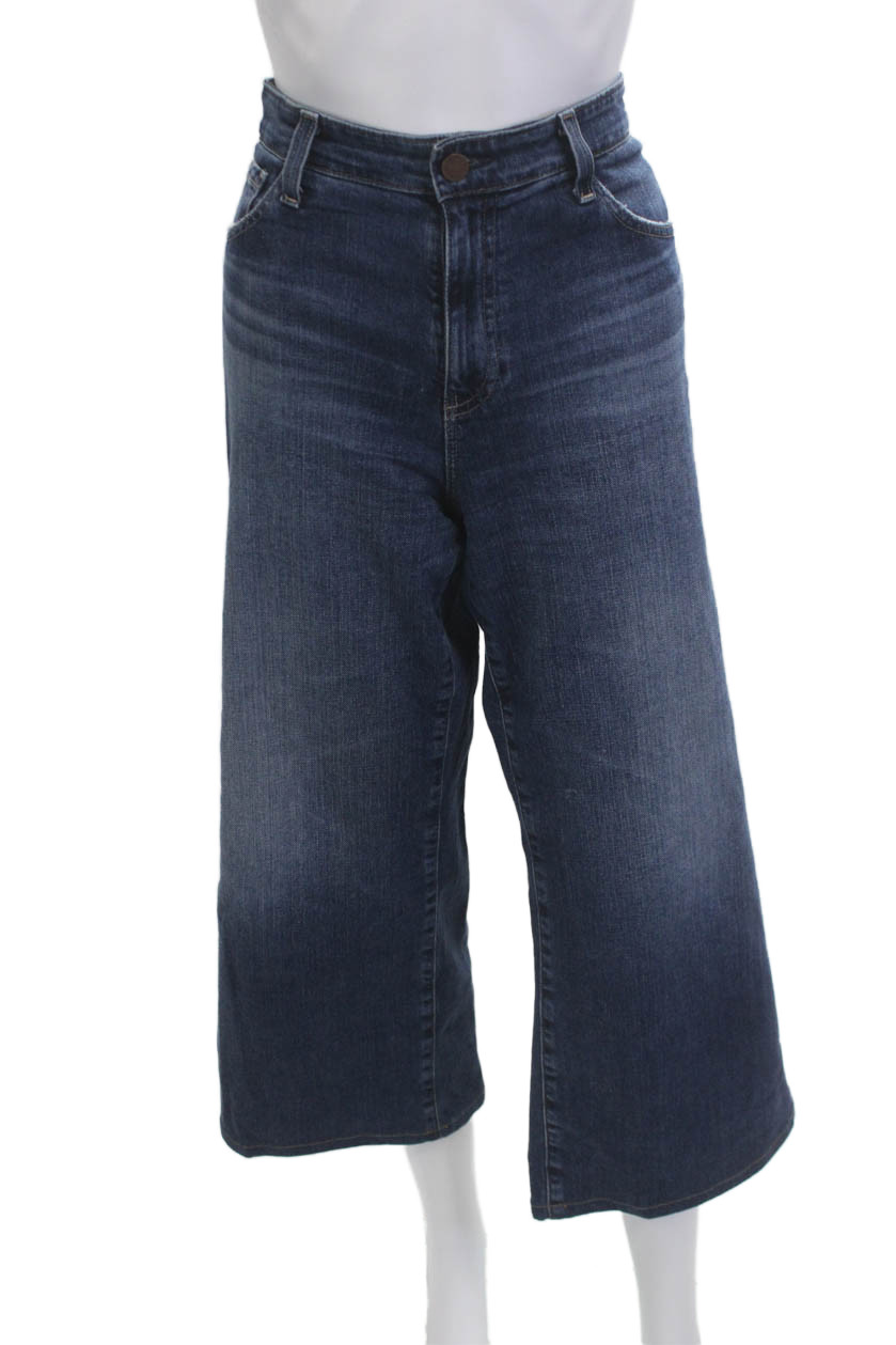 AG Women Cropped Wide Leg Jeans Dark Blue Mid Rise Button Size 28