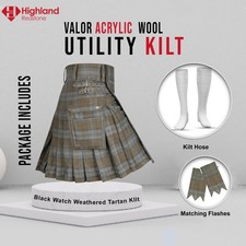Black Watch Weathered Tartan Utility Kilt Package Acrylic Wool, Kilt Hose,Flashe